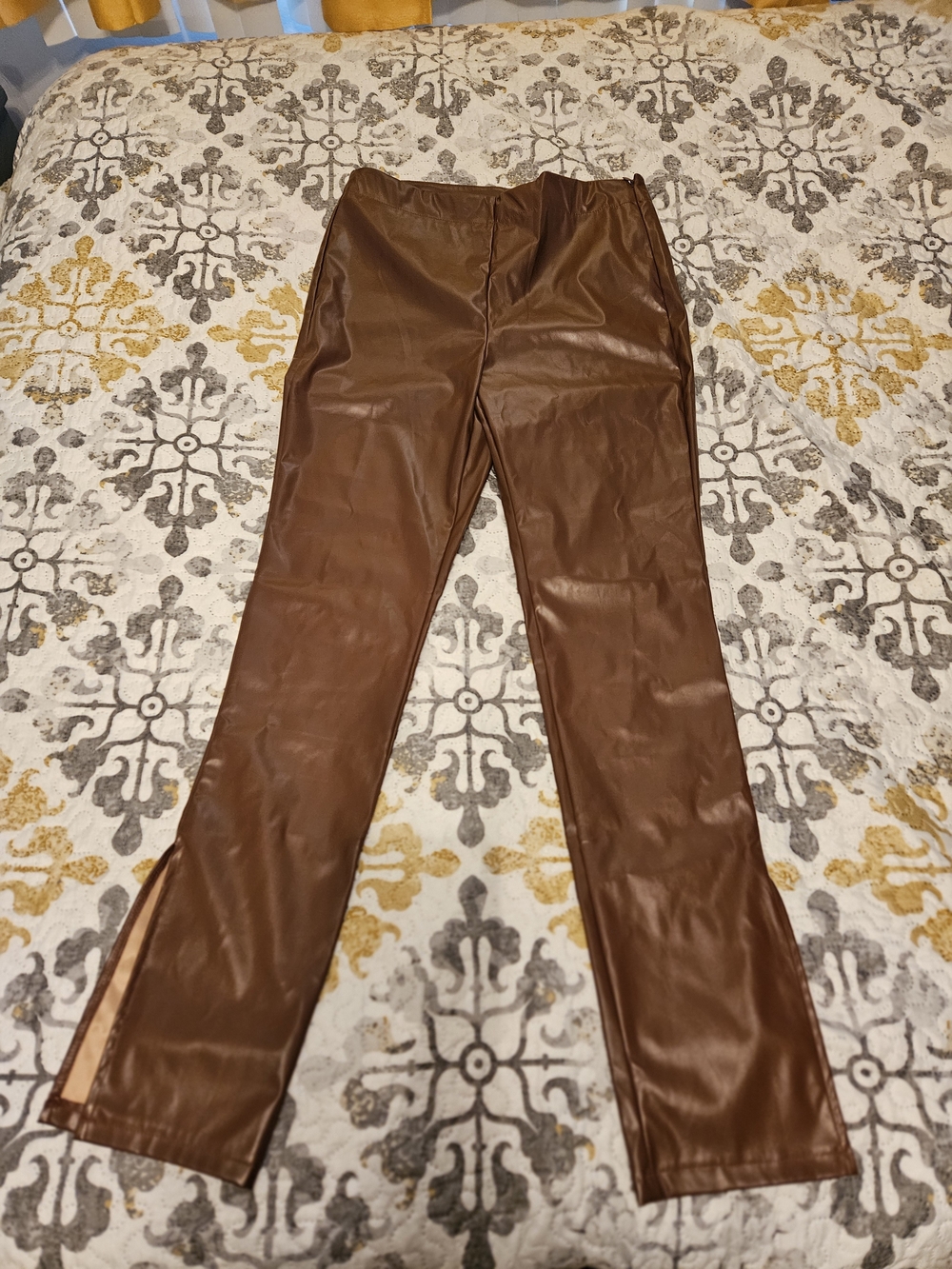 Brown Faux Leather Skinny Pants - Sleek Ankle Slit Design